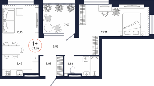 Квартира 63,7 м², 1-комнатная - изображение 1