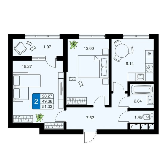 51 м², 2-комнатная квартира 11 369 595 ₽ - изображение 1