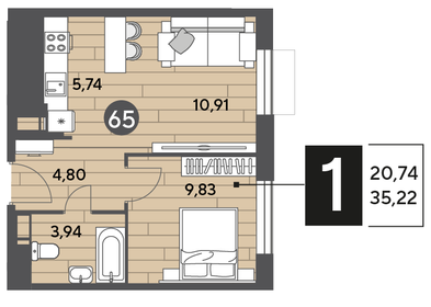 33 м², 1-комнатная квартира 6 500 000 ₽ - изображение 89