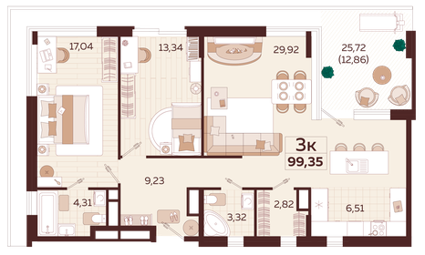 Квартира 99,4 м², 3-комнатная - изображение 1