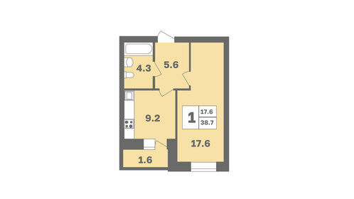 Квартира 38,7 м², 1-комнатная - изображение 1