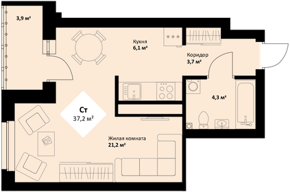 Квартира 37,1 м², студия - изображение 1