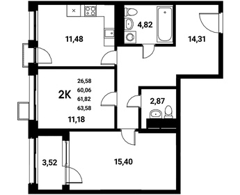 Квартира 61,8 м², 2-комнатная - изображение 1