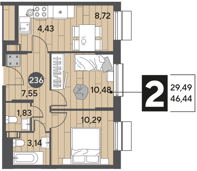 46,4 м², 2-комнатная квартира 6 687 360 ₽ - изображение 1