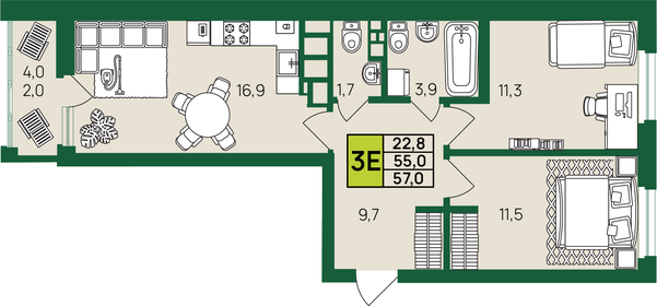 Квартира 57 м², 3-комнатная - изображение 1