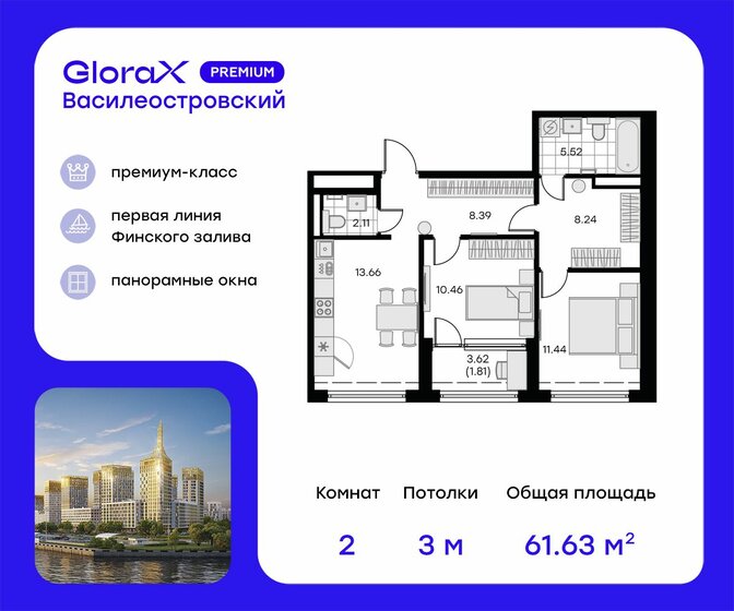 61,6 м², 2-комнатная квартира 16 439 999 ₽ - изображение 1