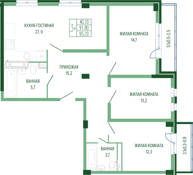 95,2 м², 3-комнатная квартира 21 082 040 ₽ - изображение 1