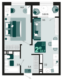 Квартира 42,7 м², 2-комнатная - изображение 1