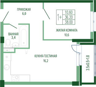 Квартира 39,1 м², 1-комнатная - изображение 1