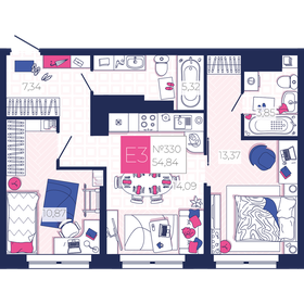 Квартира 54,8 м², 2-комнатная - изображение 1