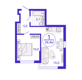 Квартира 34,4 м², 1-комнатная - изображение 1