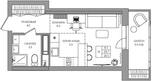 Квартира 26,5 м², студия - изображение 1