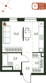 Квартира 27,8 м², 1-комнатная - изображение 1
