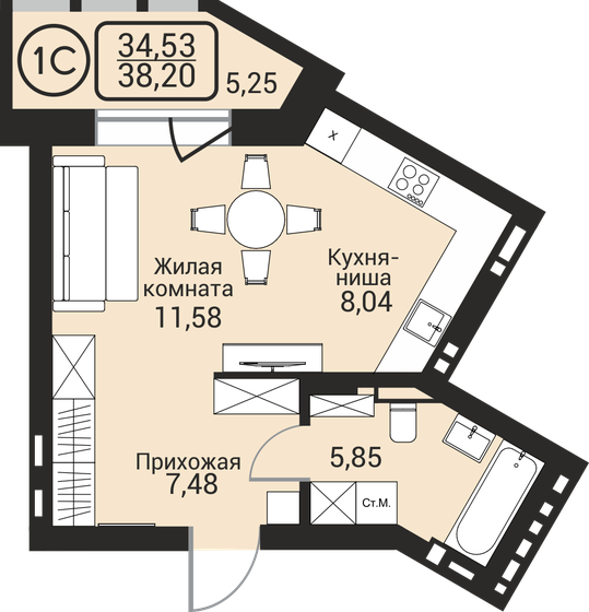 28,4 м², квартира-студия 6 060 000 ₽ - изображение 93