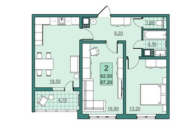 Квартира 62,5 м², 2-комнатная - изображение 2