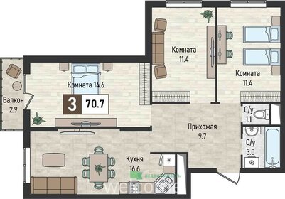 Квартира 70,7 м², 3-комнатная - изображение 1