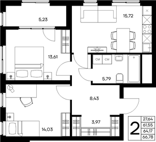 Квартира 66,8 м², 2-комнатная - изображение 1