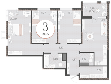 Квартира 92 м², 3-комнатная - изображение 1