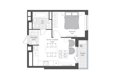 Квартира 35,5 м², 1-комнатная - изображение 1