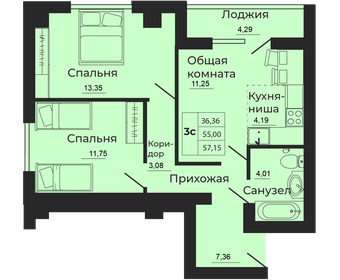 Квартира 57,2 м², 3-комнатная - изображение 1