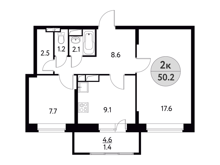 50,2 м², 2-комнатная квартира 6 526 000 ₽ - изображение 1