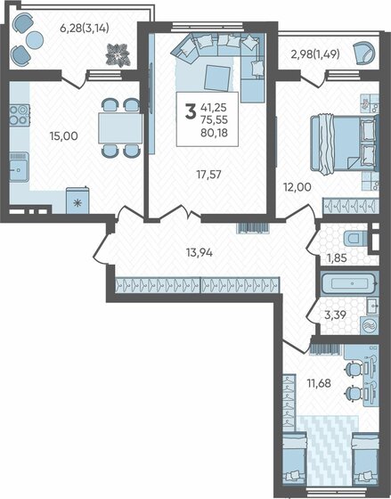 80,1 м², 3-комнатная квартира 9 927 440 ₽ - изображение 1
