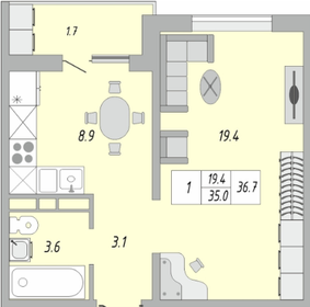 Квартира 36,7 м², 1-комнатная - изображение 1