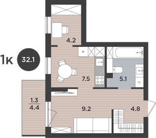 Квартира 32,1 м², 1-комнатная - изображение 1