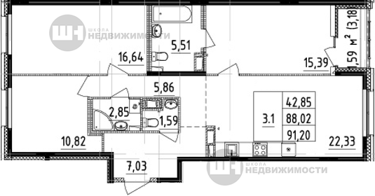 Квартира 88 м², 3-комнатная - изображение 1