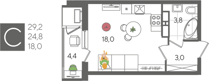 Квартира 29,2 м², студия - изображение 1