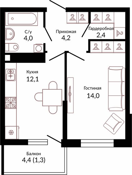 38 м², 1-комнатная квартира 5 893 800 ₽ - изображение 1