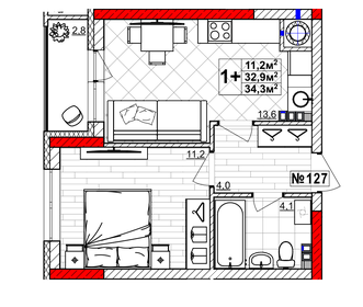 Квартира 34,3 м², 1-комнатная - изображение 1