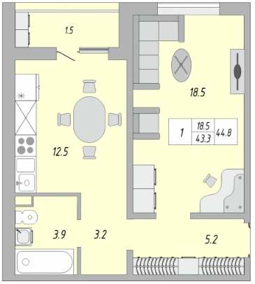 45 м², 2-комнатная квартира 3 990 000 ₽ - изображение 1