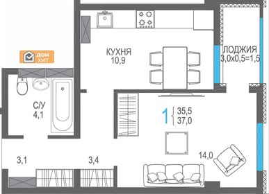 Квартира 36,8 м², 1-комнатная - изображение 5