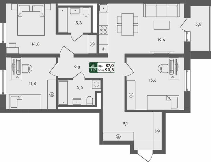 90,8 м², 3-комнатная квартира 10 320 000 ₽ - изображение 1