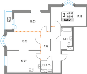 Квартира 92,9 м², 3-комнатная - изображение 1