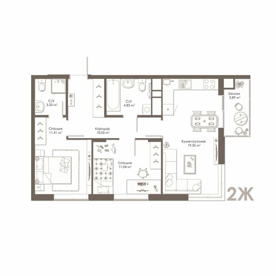 61,2 м², 2-комнатная квартира 5 506 200 ₽ - изображение 1