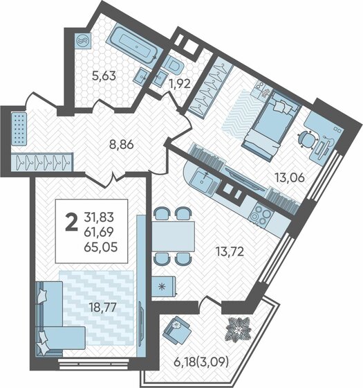 65,1 м², 2-комнатная квартира 9 172 050 ₽ - изображение 1