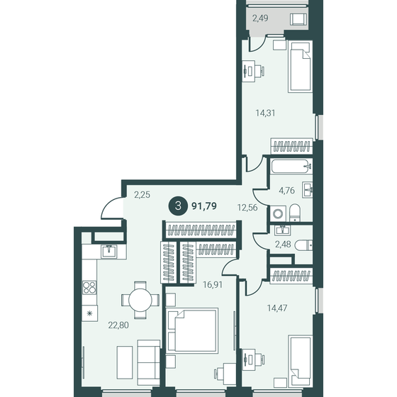 91,8 м², 3-комнатная квартира 12 500 000 ₽ - изображение 1