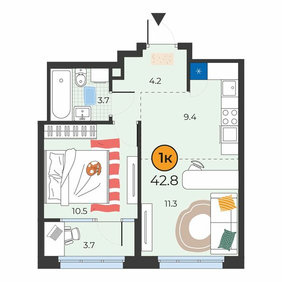 42,8 м², 1-комнатная квартира 6 671 360 ₽ - изображение 1