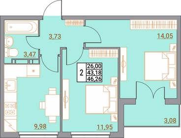Квартира 46,3 м², 2-комнатная - изображение 1