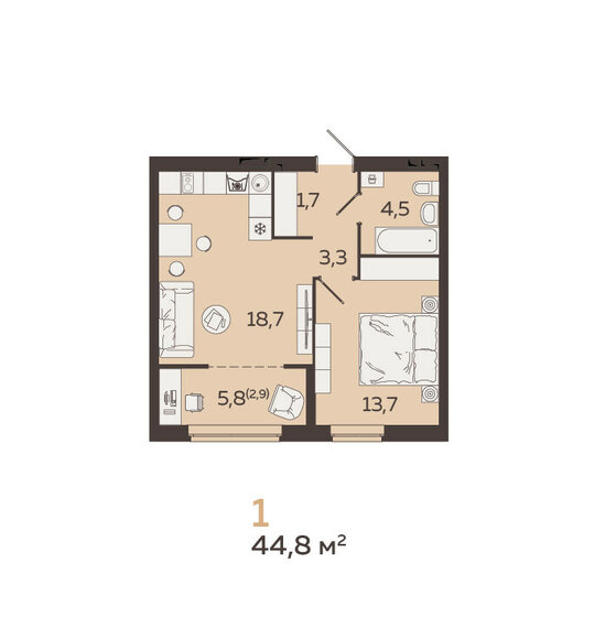 44,8 м², 1-комнатная квартира 7 108 000 ₽ - изображение 17