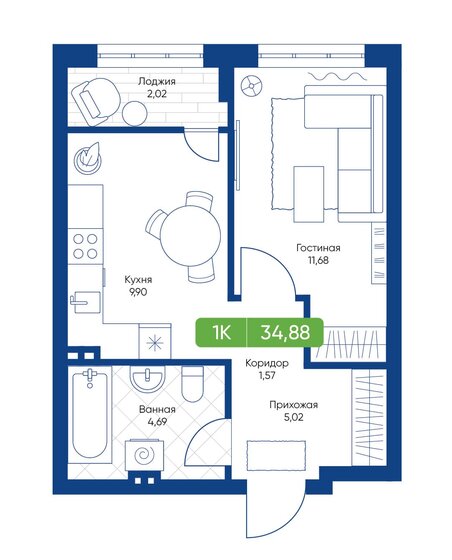 34,9 м², 1-комнатная квартира 5 900 000 ₽ - изображение 1