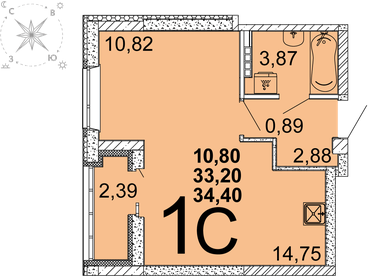 Квартира 34,4 м², студия - изображение 1