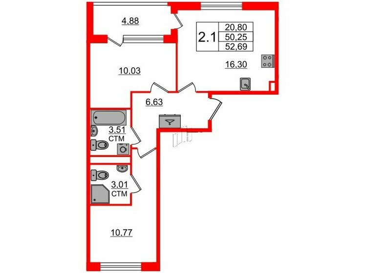 50,3 м², 2-комнатная квартира 11 600 373 ₽ - изображение 1