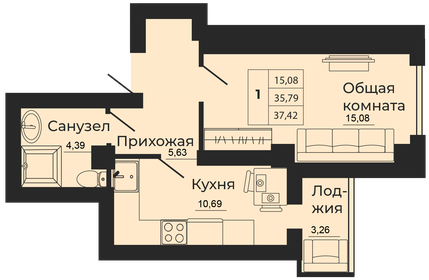 Квартира 37,4 м², 1-комнатная - изображение 1