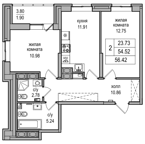 54,5 м², 2-комнатная квартира 10 748 010 ₽ - изображение 1