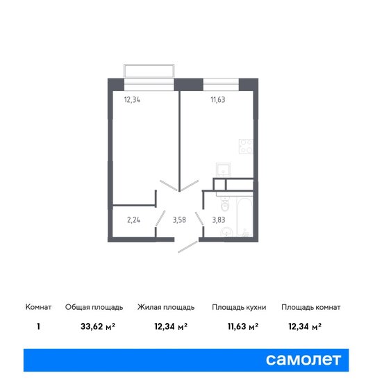 33,6 м², 1-комнатная квартира 6 624 534 ₽ - изображение 1