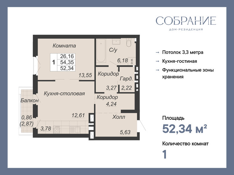 52,3 м², 1-комнатная квартира 20 936 000 ₽ - изображение 1