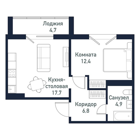 41,8 м², 1-комнатная квартира 5 221 250 ₽ - изображение 1